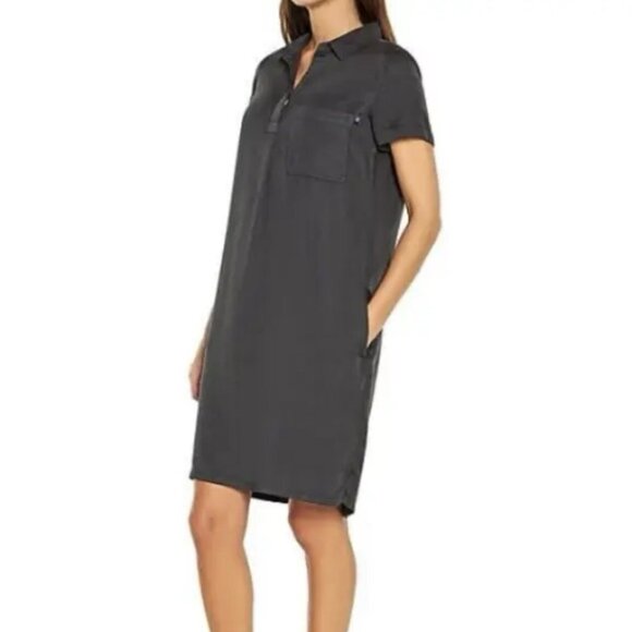 GAP Shadow Grey 100% Tencel Lyocell Short Sleeved Pocketed Causal Collared Dress - Picture 2 of 9